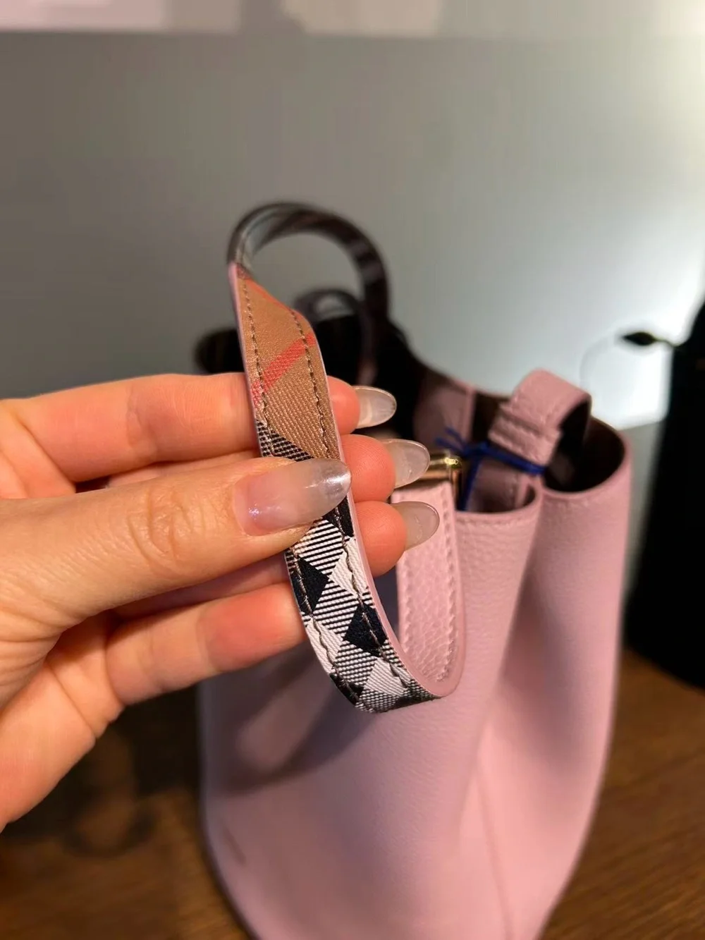 Burberry Pink Leather Bucket Bag with Signature Check Strap